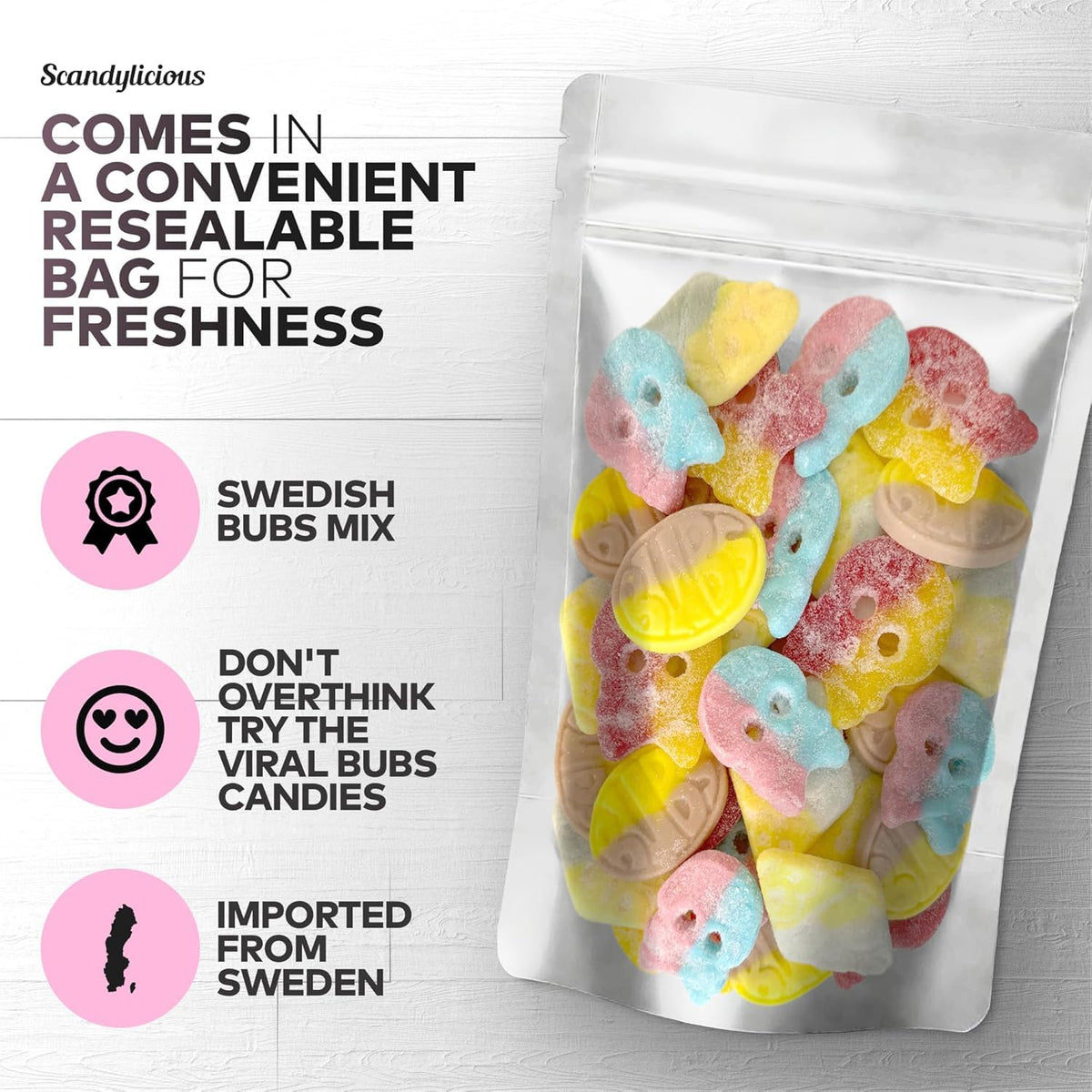 Scandylicious Bubs Swedish Candy Mix resealable-bag keeps treats fresh for on-the-go snacking.