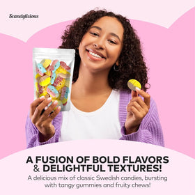 Scandylicious Bubs Swedish Candy Mix sour-peach-skulls provide bright flavor for movie nights.