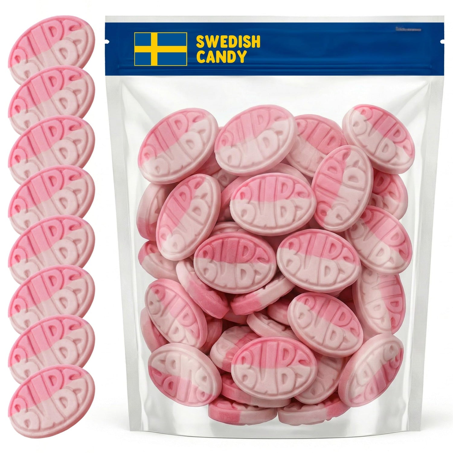Scandylicious Bubs Swedish Candy wild strawberry pomegranate oval with bold fruit flavor.
