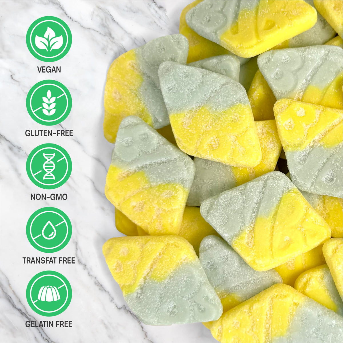 Close-up of Bubs Tutti Frutti Rhombs texture, soft and chewy fruit candy.