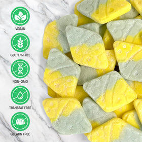 Close-up of Bubs Tutti Frutti Rhombs texture, soft and chewy fruit candy.