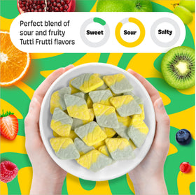 Packaging and jar display of Bubs Tutti Frutti Rhombs.