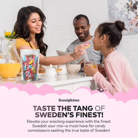 Swedish origin label emphasizes authentic Scandinavian sour candy