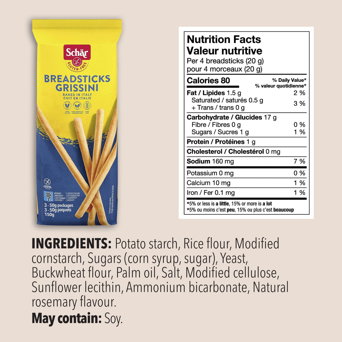 Schär gluten-free breadsticks served with soup for a quick snack.