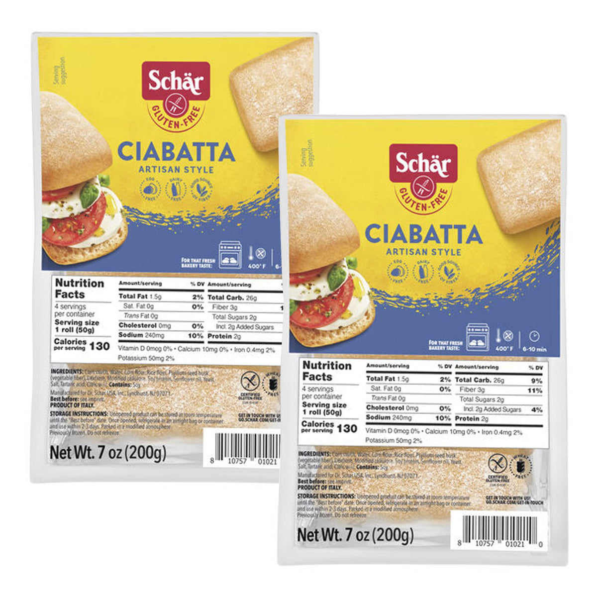 Schar Ciabatta 2-pack crispy crust enhances paninis and toast.