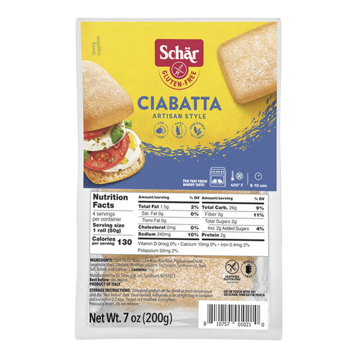 Schar Ciabatta 2-pack soft crumb rolls ideal for sandwiches.