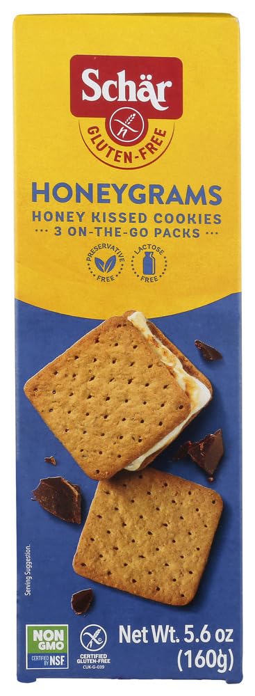 Schar Honeygrams in an open resealable pouch for fresh gluten-free snacking.