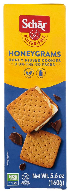 Schar Honeygrams in an open resealable pouch for fresh gluten-free snacking.