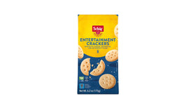 Schar Entertainment Crackers packaging demonstrates lactose-free and GMO-free indulgence.