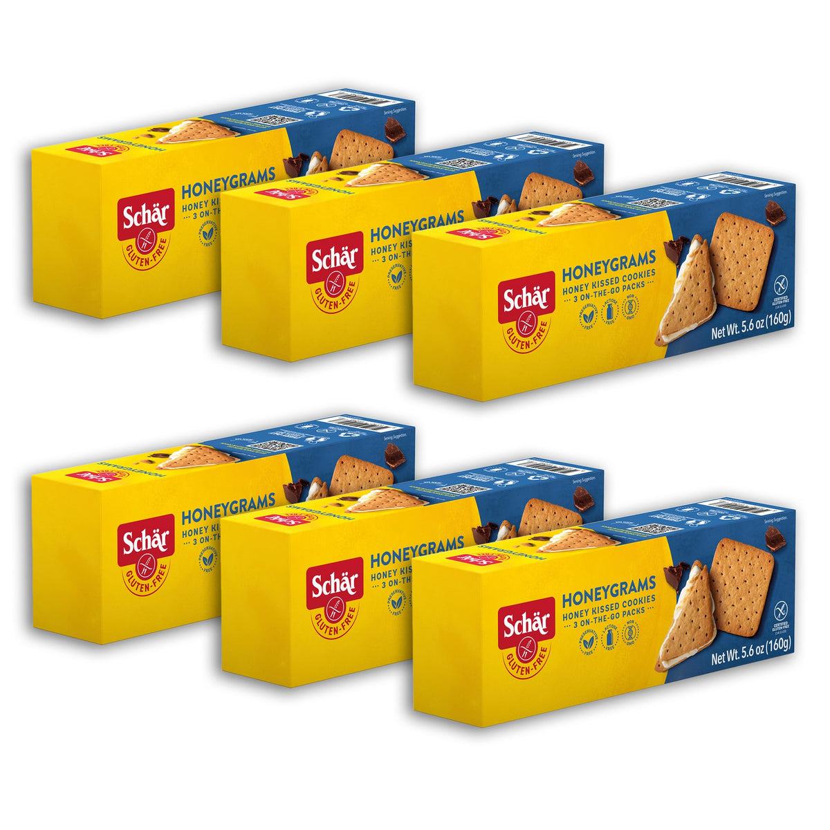Schar Honeygram crackers 6-pack front view, gluten-free snack ready for S'mores