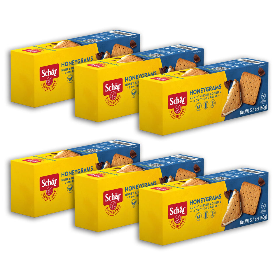 Schar Honeygram crackers 6-pack front view, gluten-free snack ready for S'mores