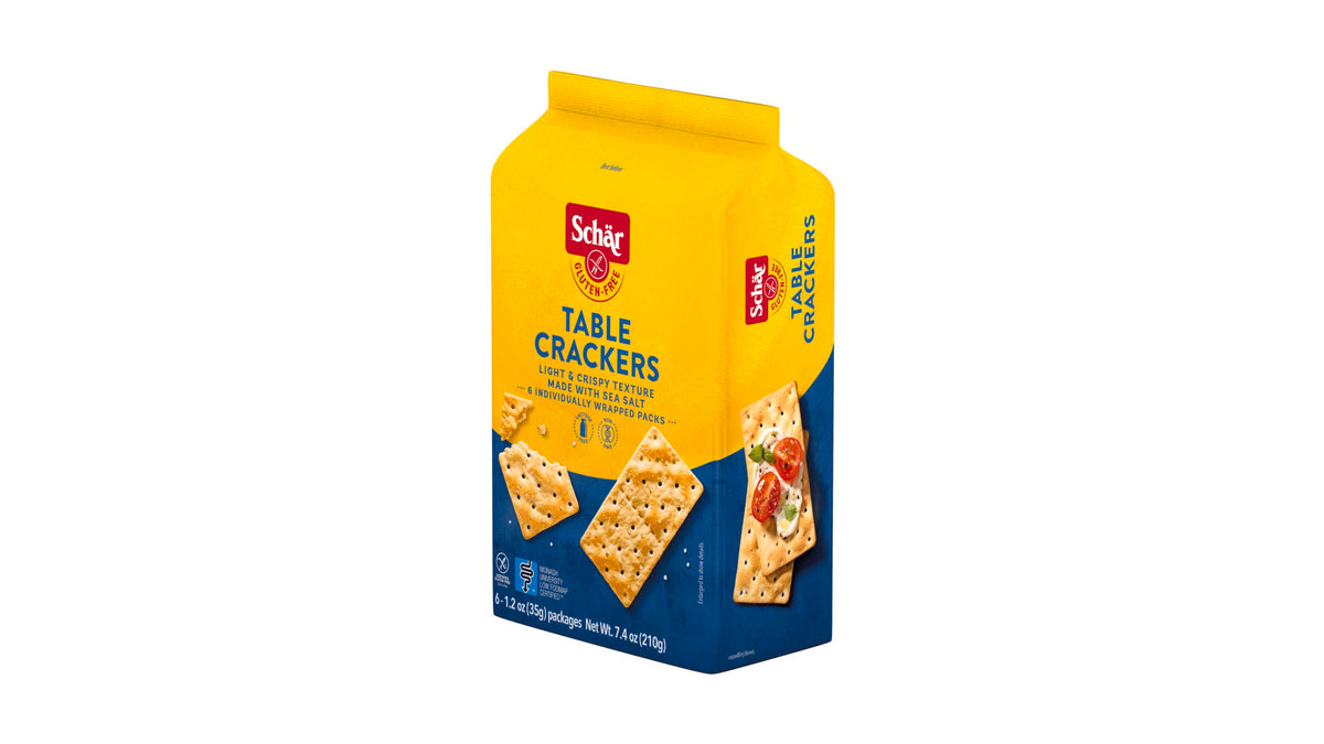 Schar Original Table Crackers close-up showing crisp texture with sea salt.