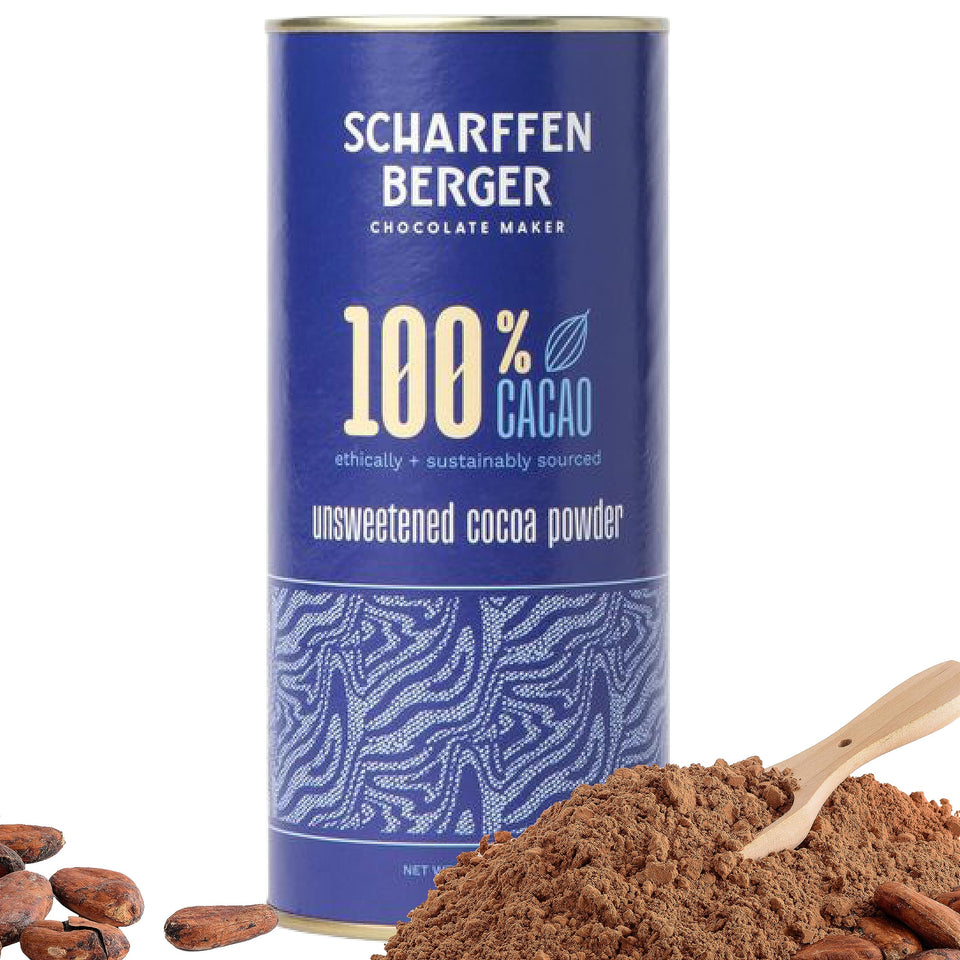 Scharffen Berger 100% cacao unsweetened cocoa powder canister for premium baking.