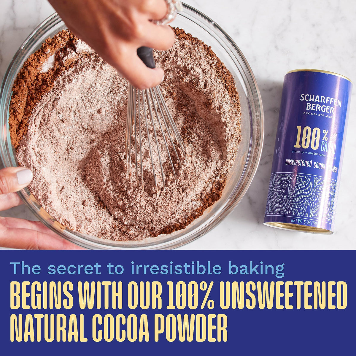 Scharffen Berger unsweetened cocoa powder pouring into a bowl for rich chocolate baking.