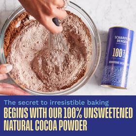 Scharffen Berger unsweetened cocoa powder pouring into a bowl for rich chocolate baking.