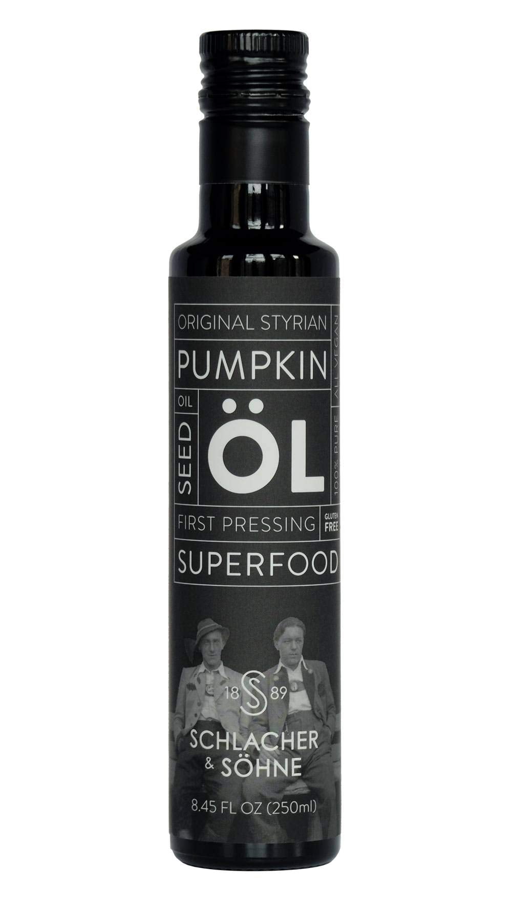 A bottle of Schlacher & Söhne Styrian Pumpkin Seed Oil ideal for dressings and sauces.