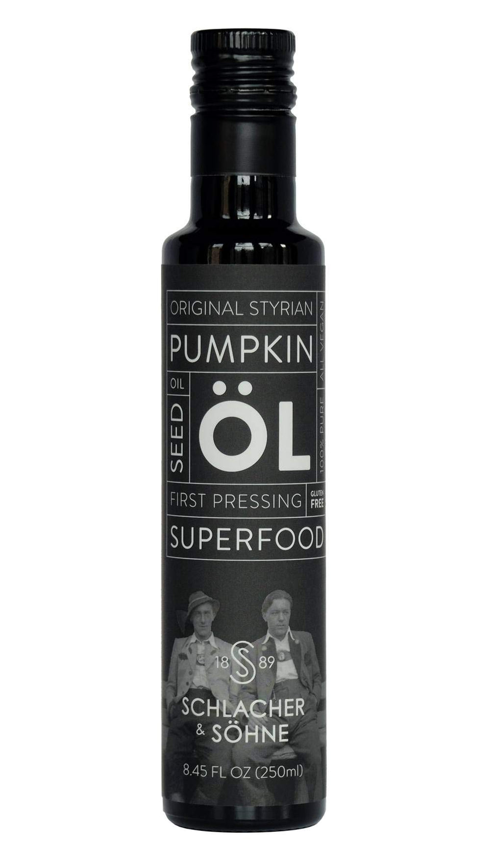 A bottle of Schlacher & Söhne Styrian Pumpkin Seed Oil ideal for dressings and sauces.