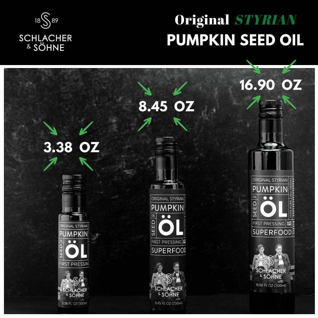 Schlacher & Söhne Styrian Pumpkin Seed Oil bottle showing dark green hue and premium packaging.