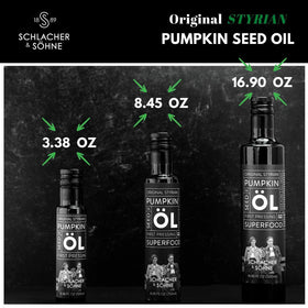 Schlacher & Söhne Styrian Pumpkin Seed Oil bottle showing dark green hue and premium packaging.