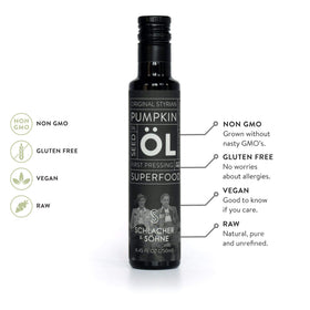 Schlacher & Söhne Styrian Pumpkin Seed Oil drizzle on ravioli for a savory finish.