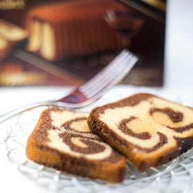 Schlunder Cappuccino Cake closeup, moist marbled crumb with liqueur notes.