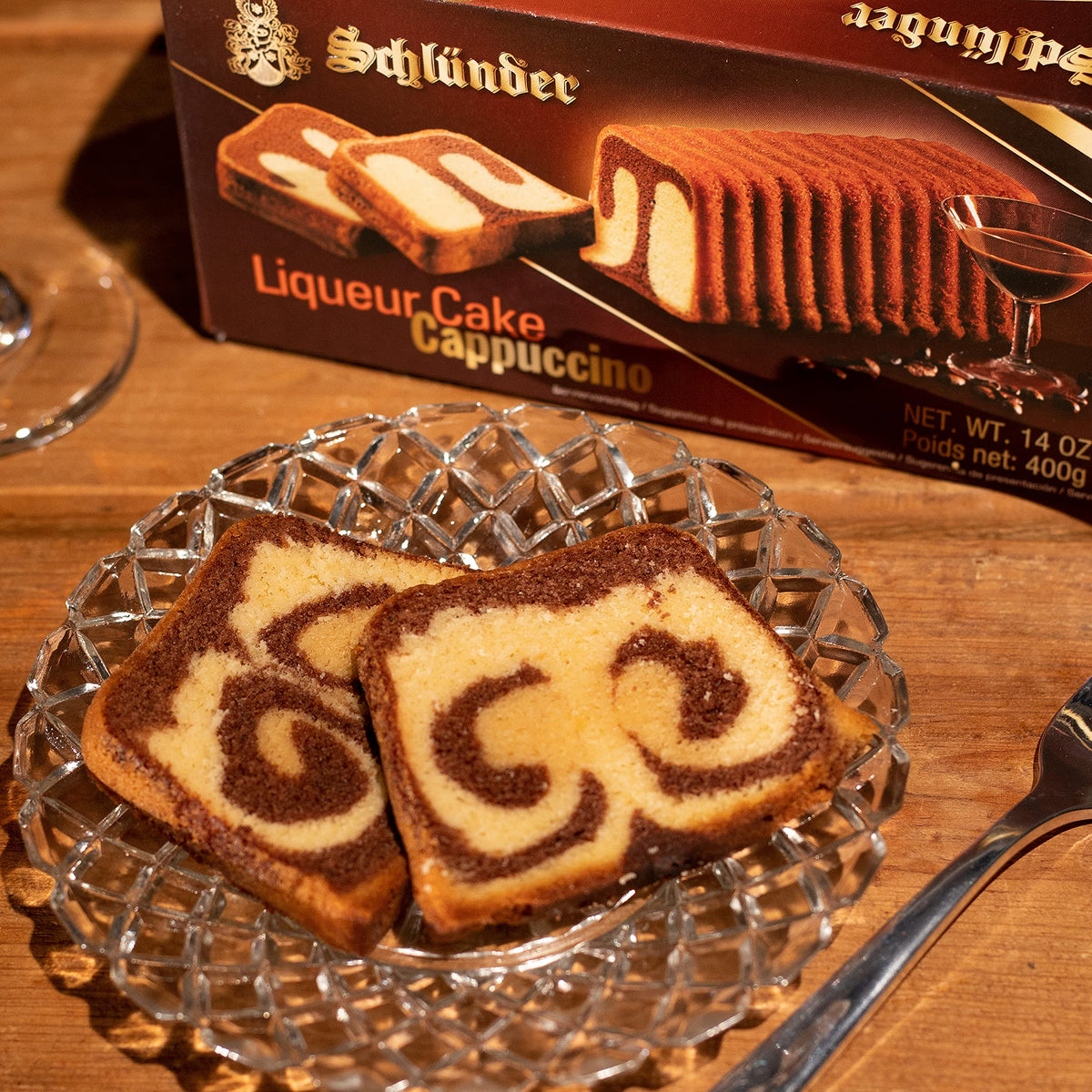 Schlunder Cappuccino Cake marble swirl close-up, tempting coffee-kissed layers.