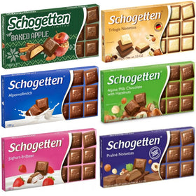 Schogetten assortment box front displays six flavors, ideal for gifting