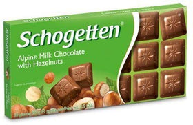 Schogetten inside box reveals six 100g varieties in a ready-to-share pack