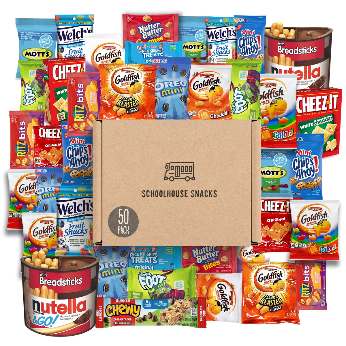 Schoolhouse Snacks 50-count packaging with kid-friendly crackers and cookies for easy school lunches.