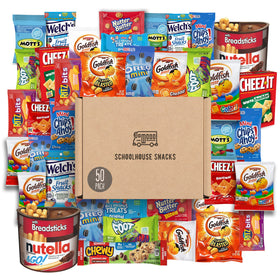 Schoolhouse Snacks 50-count packaging with kid-friendly crackers and cookies for easy school lunches.