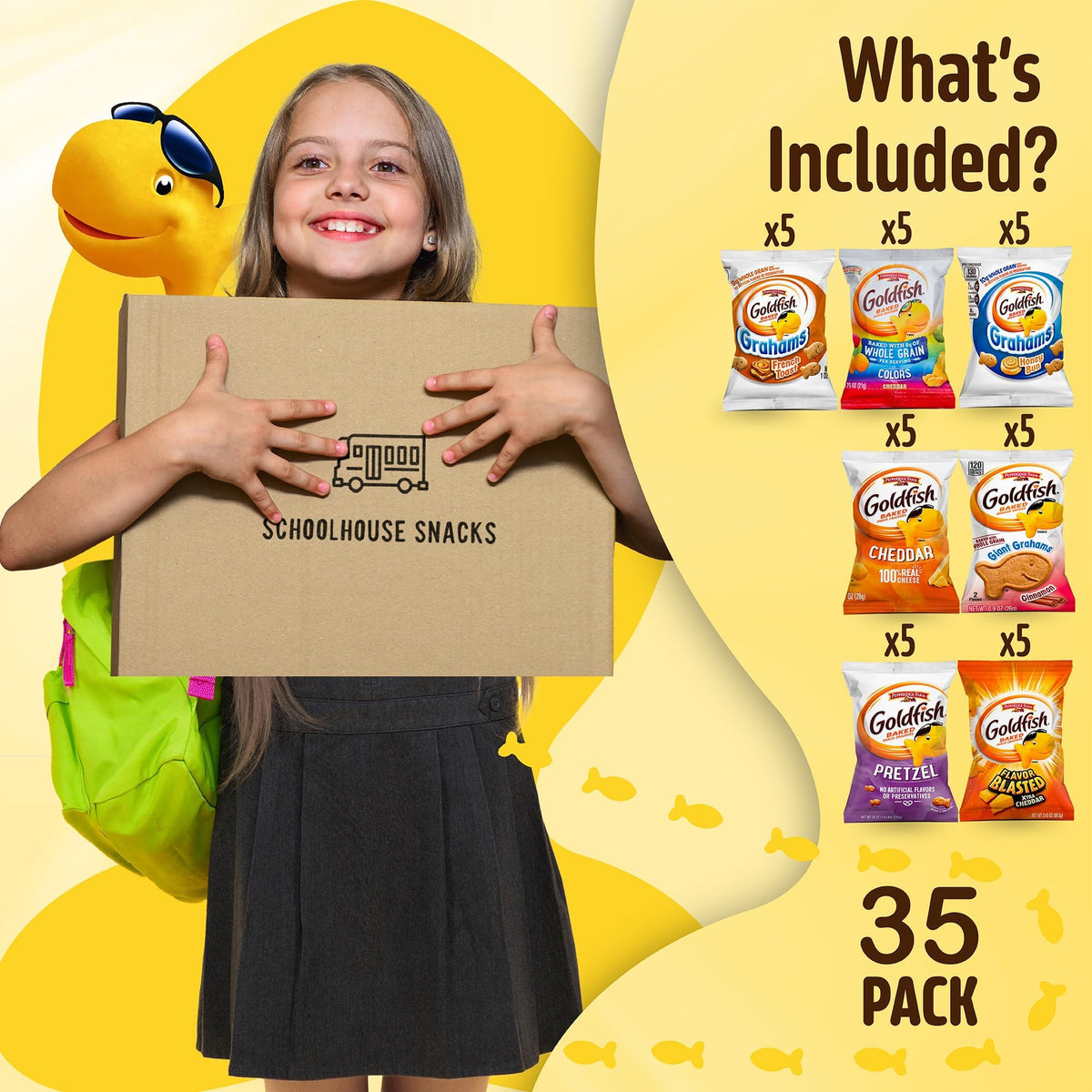 Schoolhouse Snacks Goldfish 35-pouch bundle, on-the-go snacking convenience.
