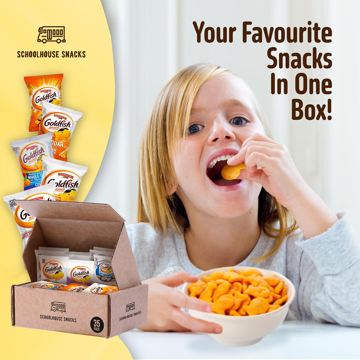 Schoolhouse Snacks Goldfish on-the-go packs, perfect for travel and snacking.