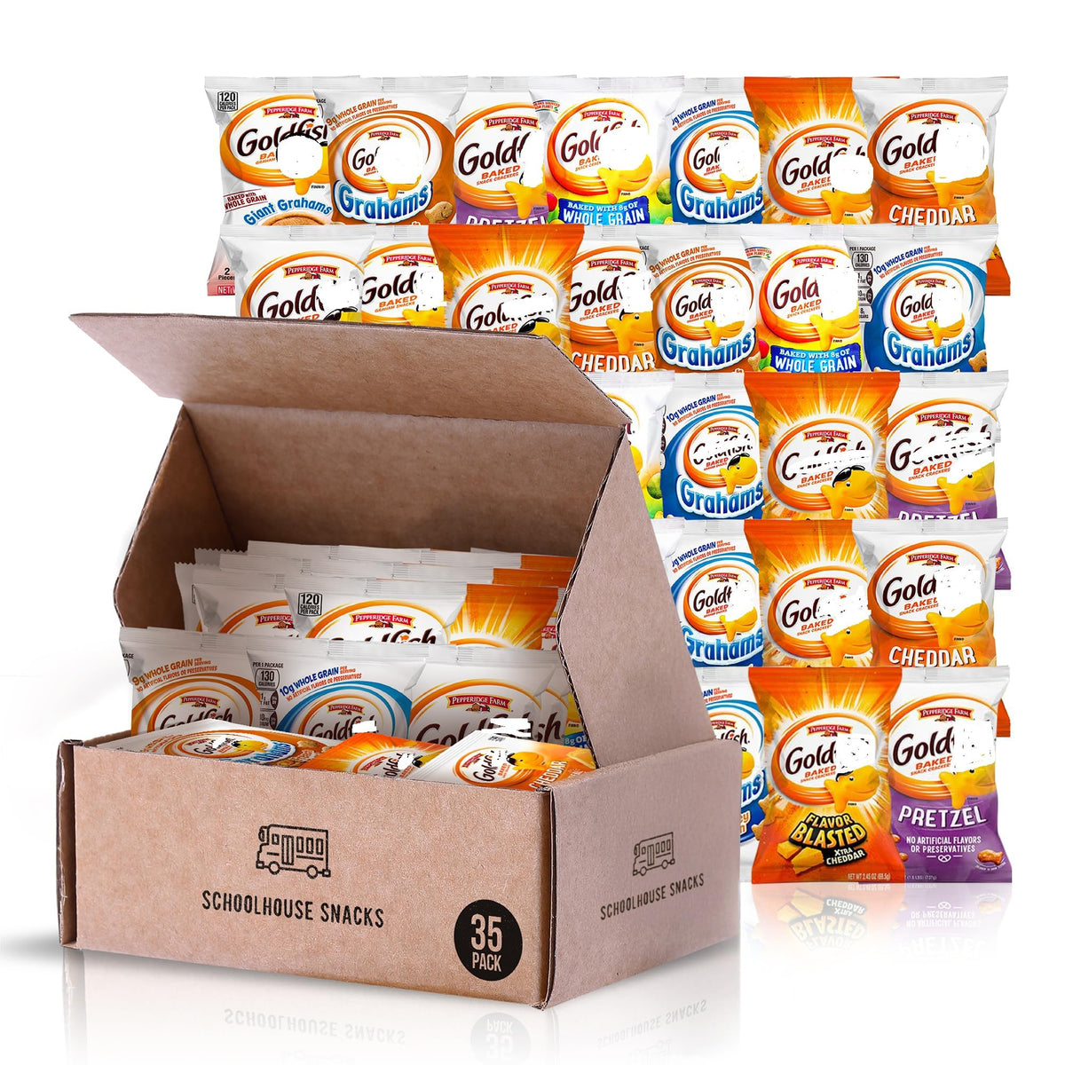 Schoolhouse Snacks Goldfish Variety Pack front view, perfect for school lunch boxes.