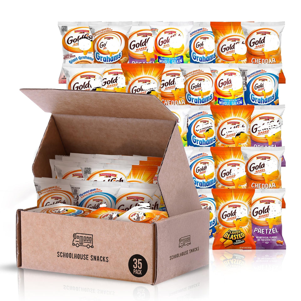 Schoolhouse Snacks Goldfish Variety Pack front view, perfect for school lunch boxes.