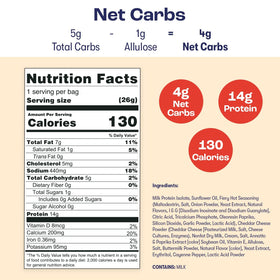 Nutrition label shows 14g protein and 4g net carbs per bag.