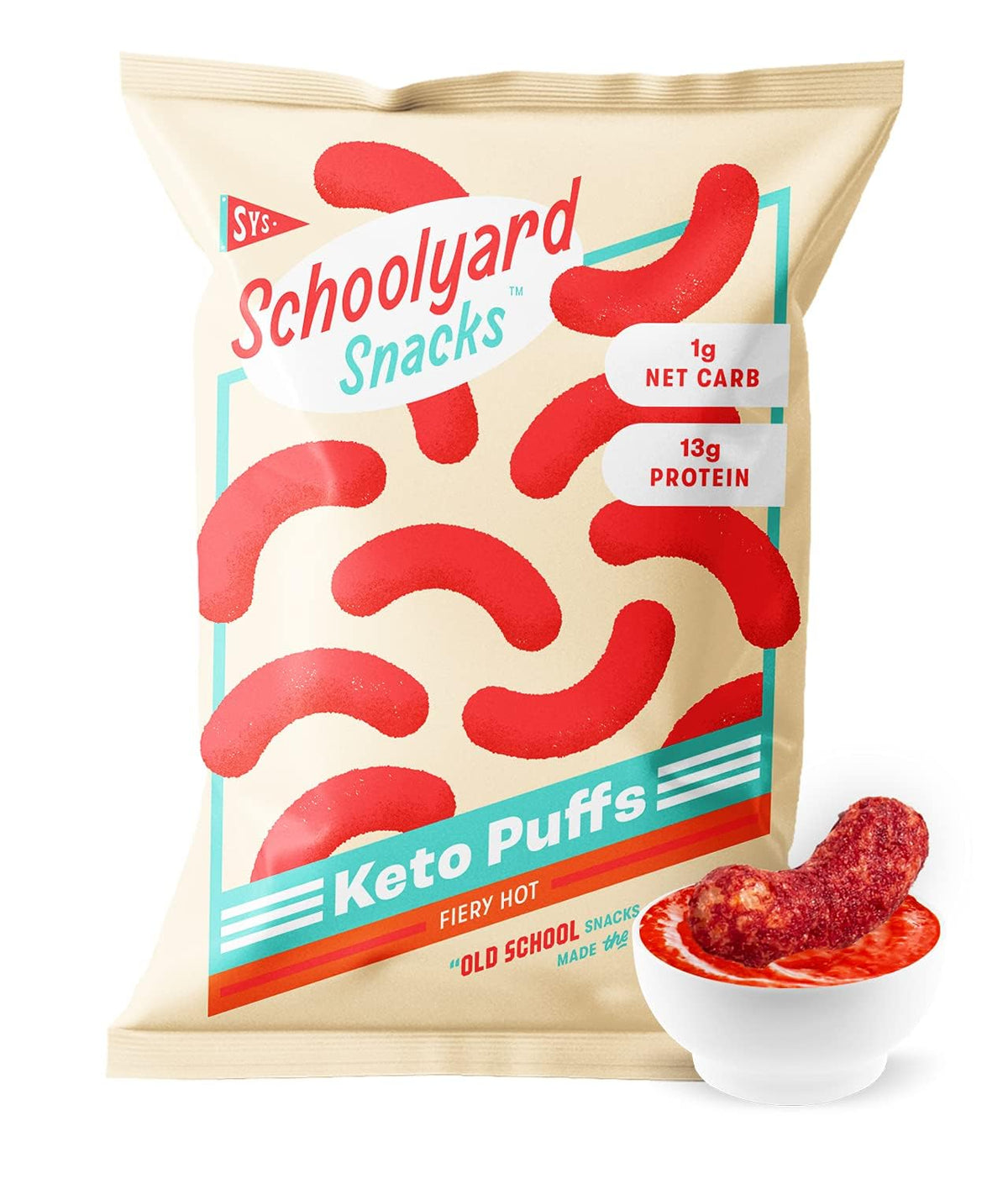 Schoolyard Keto Fiery Hot Protein Puffs pack front with bold branding for keto snacking.
