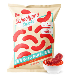 Schoolyard Keto Fiery Hot Protein Puffs pack front with bold branding for keto snacking.