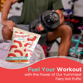 Schoolyard Keto Fiery Hot Protein Puffs packaging shows USA-made quality.