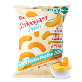 Schoolyard Snacks cheddar protein puffs hero pack for quick high protein snacking