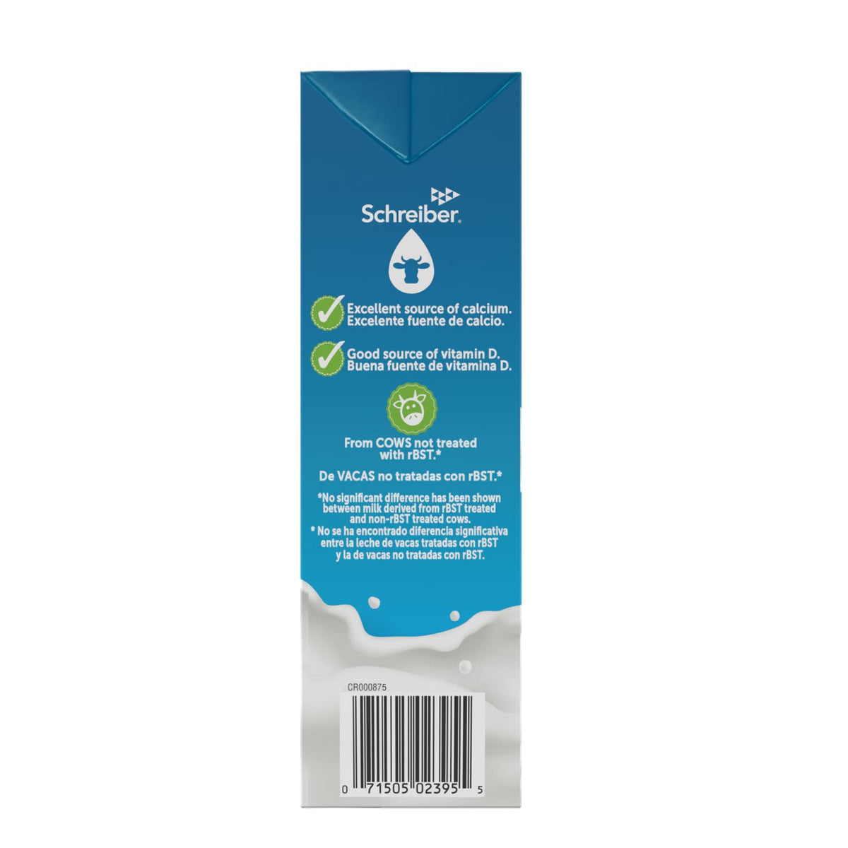 Schreiber lactose-free milk carton highlights calcium and vitamins A and D