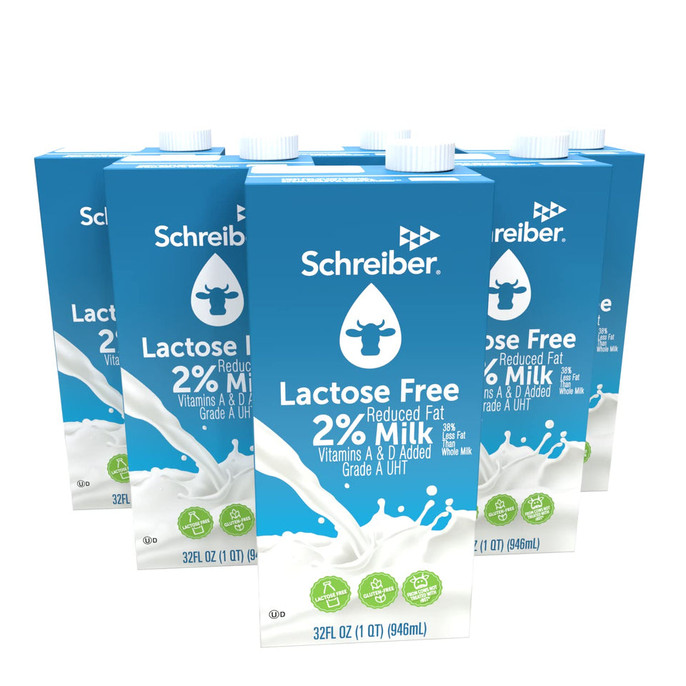 Schreiber 2% lactose-free milk six-pack packaging for pantry-friendly storage