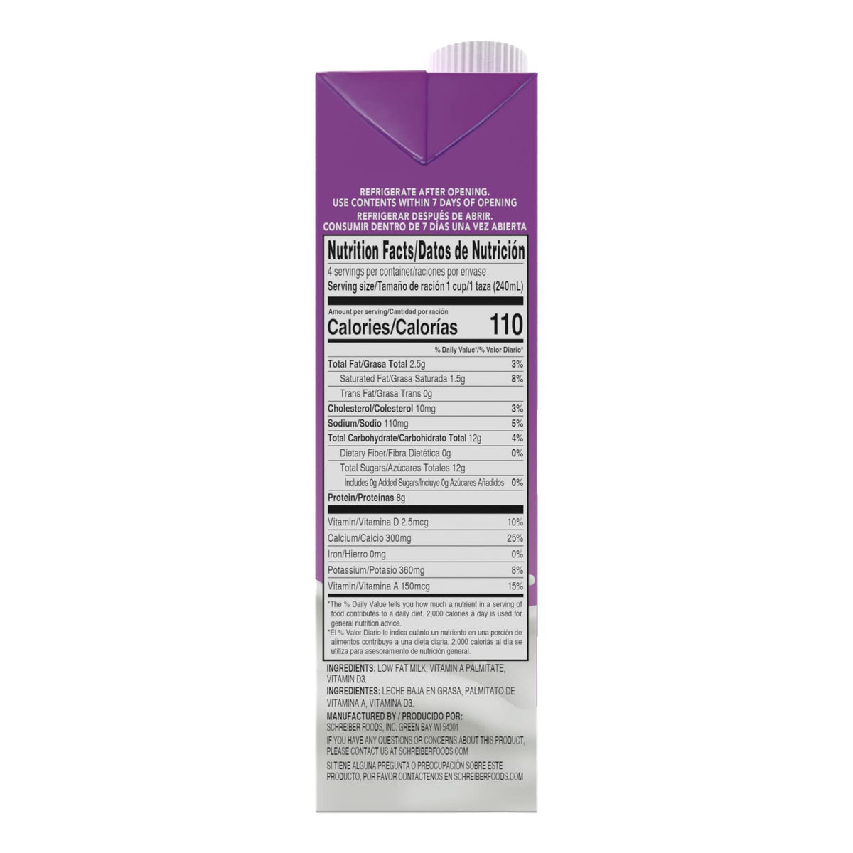 Schreiber 1% milk Real Grade A dairy for breakfasts and smoothies