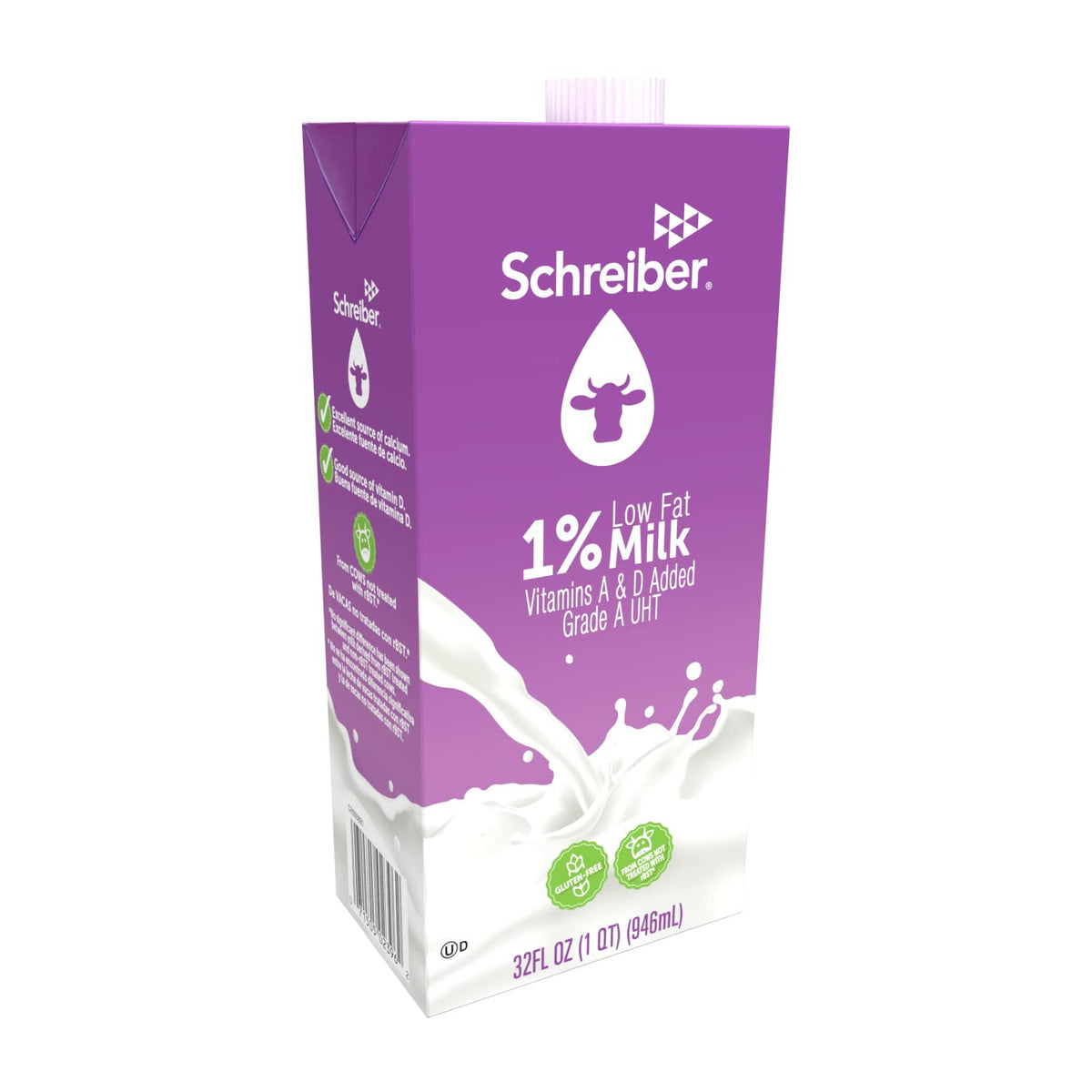 Schreiber Milk 1% six-pack display ideal for bulk pantry stocking