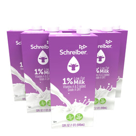 Schreiber Milk 1% shelf-stable boxes for pantry storage and easy access