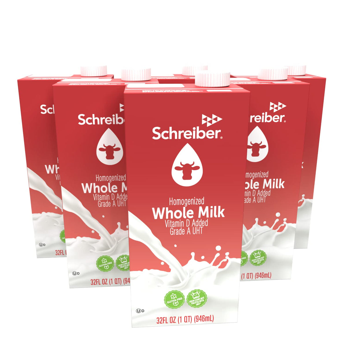 Schreiber Whole Milk shelf-stable 6-pack front view, convenient for pantry storage.
