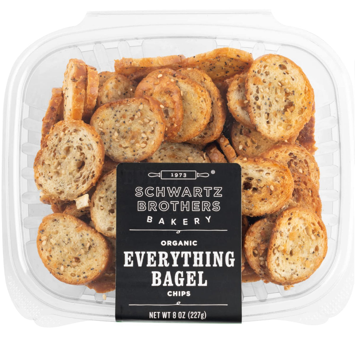 Schwartz Brothers Everything Bagel Chips NY Style close-up, crispy slices ideal for dipping.