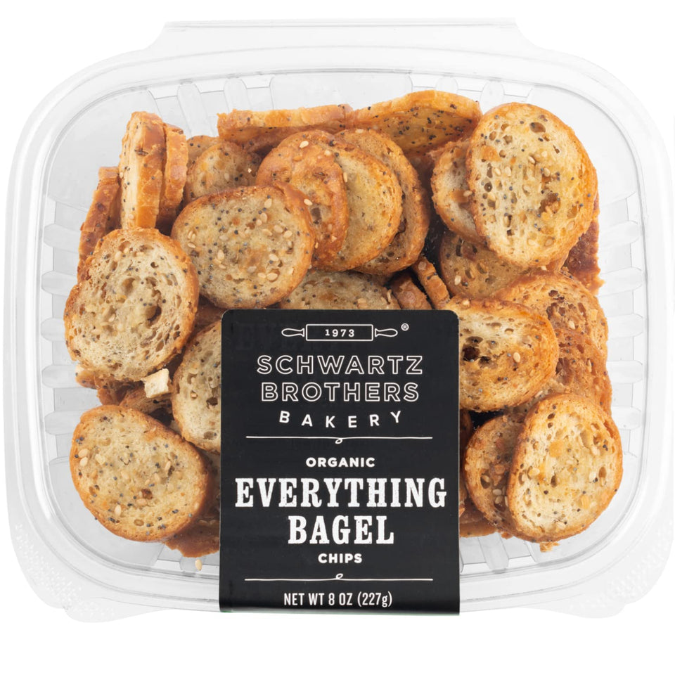 Schwartz Brothers Everything Bagel Chips NY Style close-up, crispy slices ideal for dipping.