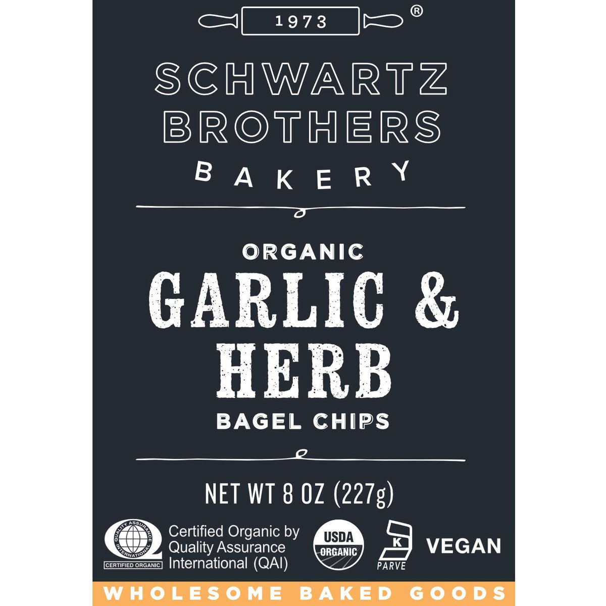 Schwartz Brothers Garlic and Herb Bagel Chips container closeup with organic and kosher labels.