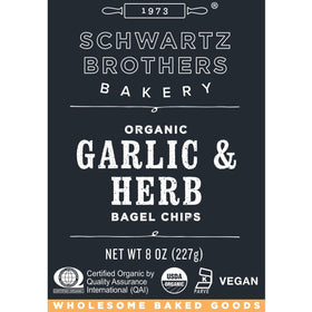 Schwartz Brothers Garlic and Herb Bagel Chips container closeup with organic and kosher labels.