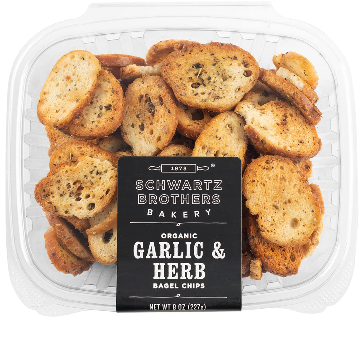 Schwartz Brothers Garlic and Herb Bagel Chips pack front, crisp NY style snack ready to dip.